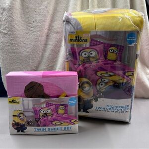 Minions Pink Twin Comforter and Sheet Set + Pillowcase Microfiber Cotton NEW